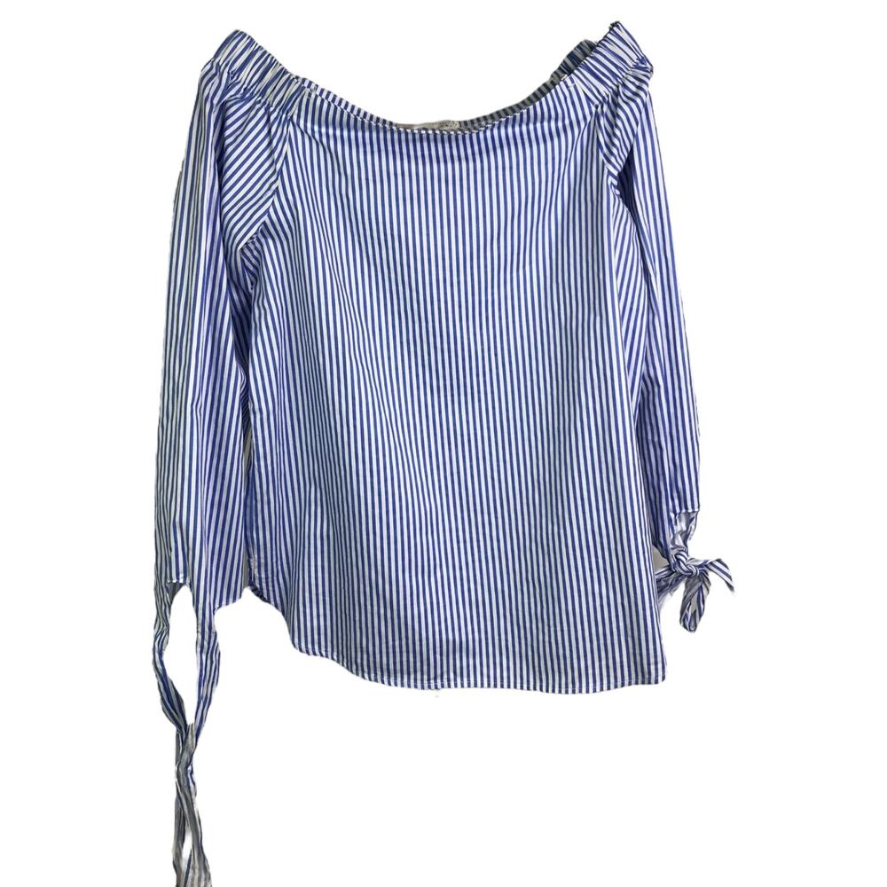 J.O.A Los Angeles Top Wmns Sz S Blue Stripe Off Shoulder Long Tie Sleeve Classic